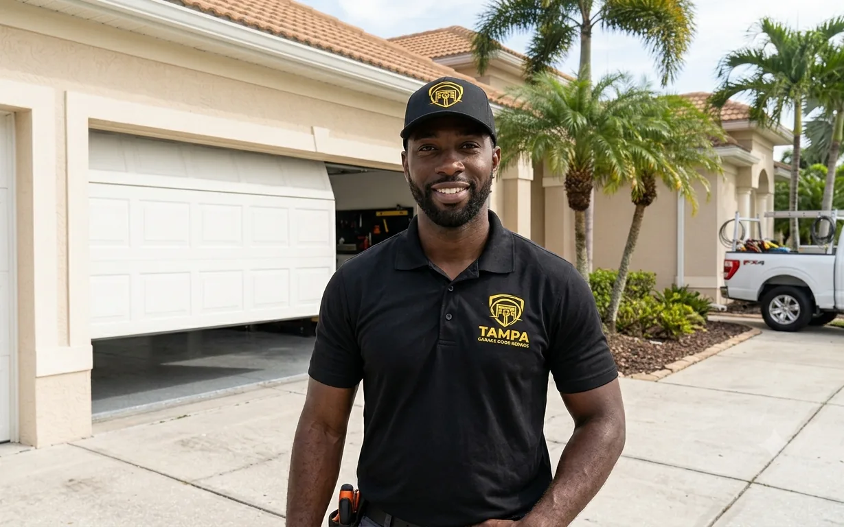 Tampa Garage Door Repairs technician outside a customer home