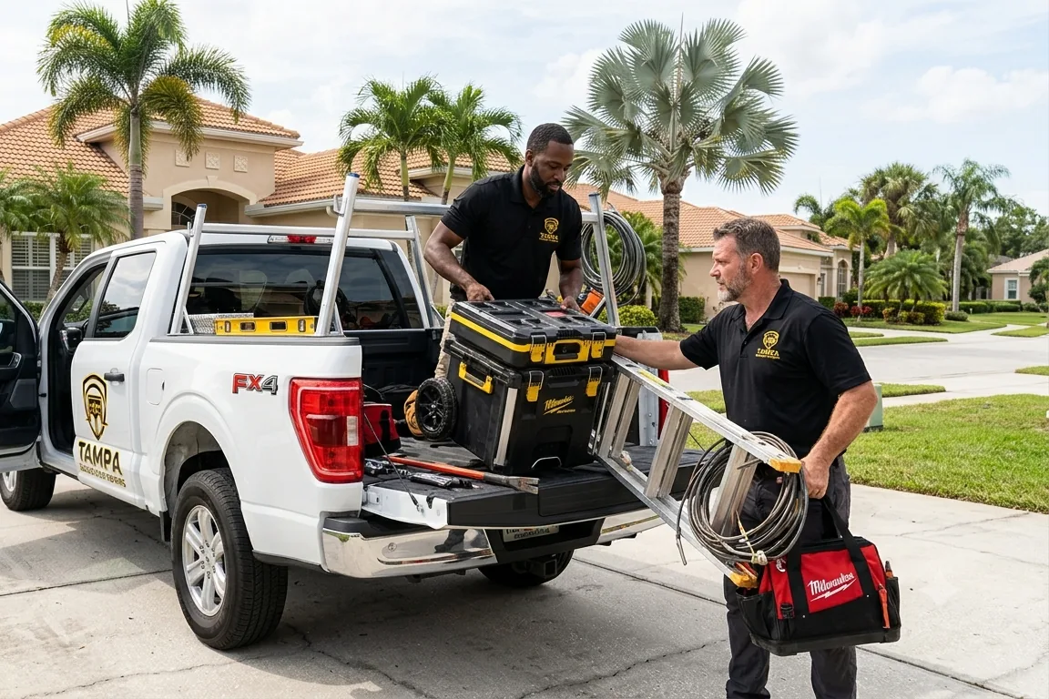 Garage door technicians unloading equipment at a Hillsborough County property