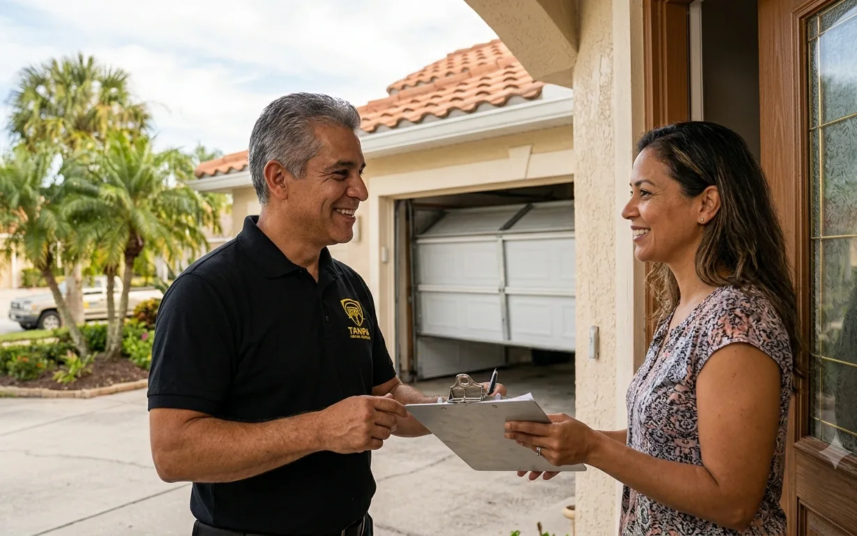 Technician meeting a Tampa homeowner for a free garage door diagnosis