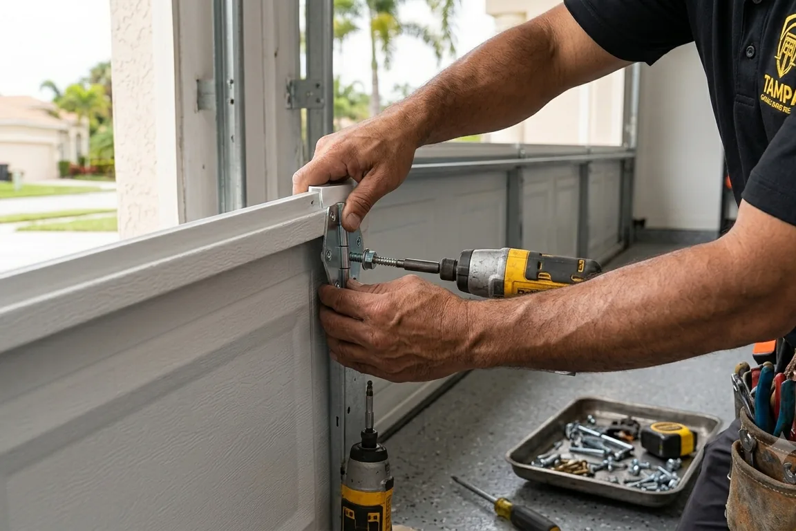 New garage door section hardware being fitted during installation