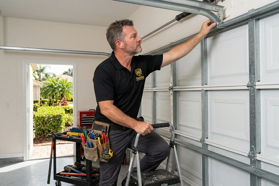 Garage door roller and hinge being serviced at the top of the track