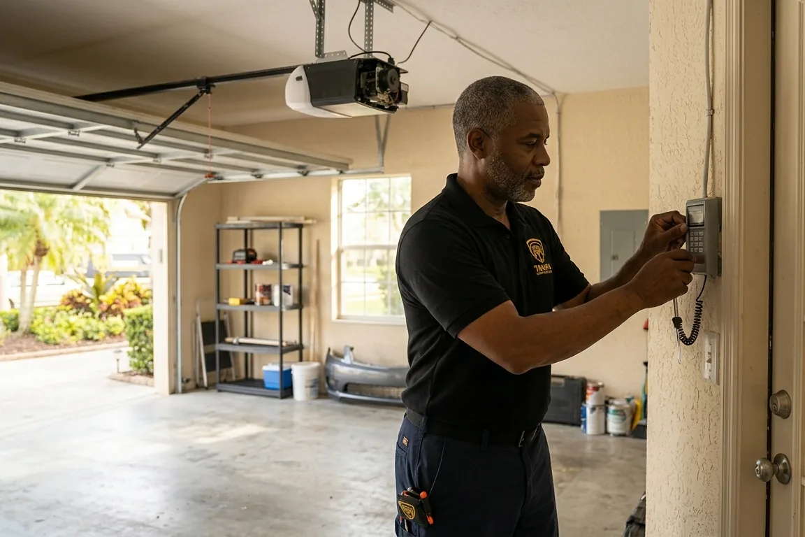 New garage door opener wall control panel being installed inside a garage