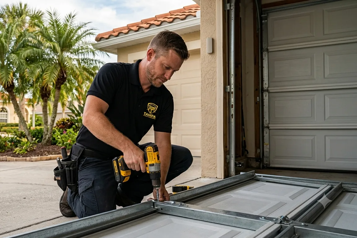 Replacement garage door panel section being fitted and squared up