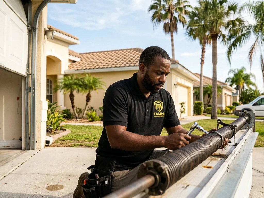 Technician inspecting a garage door torsion spring and shaft