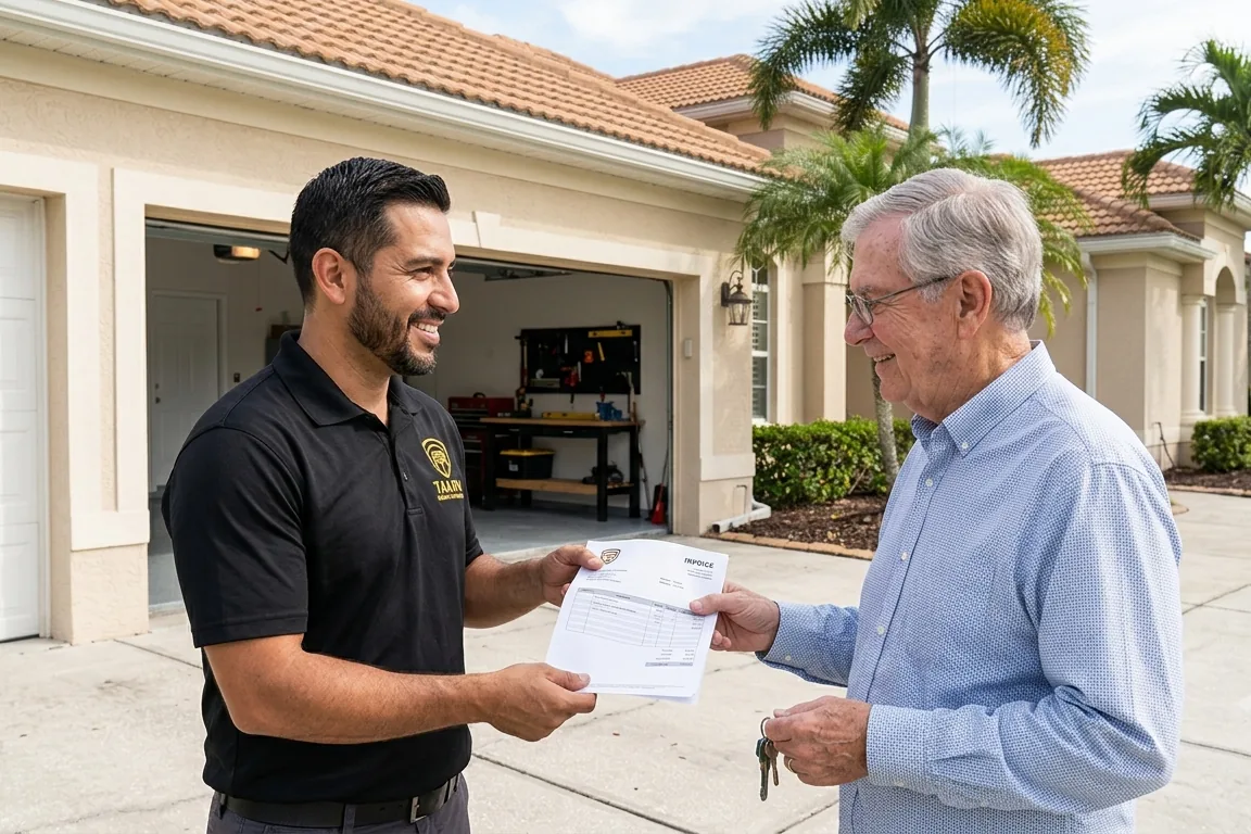 Technician discussing a garage door replacement quote with a homeowner