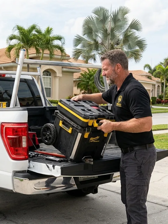 Technician loading tools at the service truck tailgate