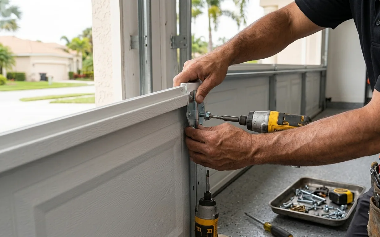 Technician fitting garage door hardware during a Tampa repair