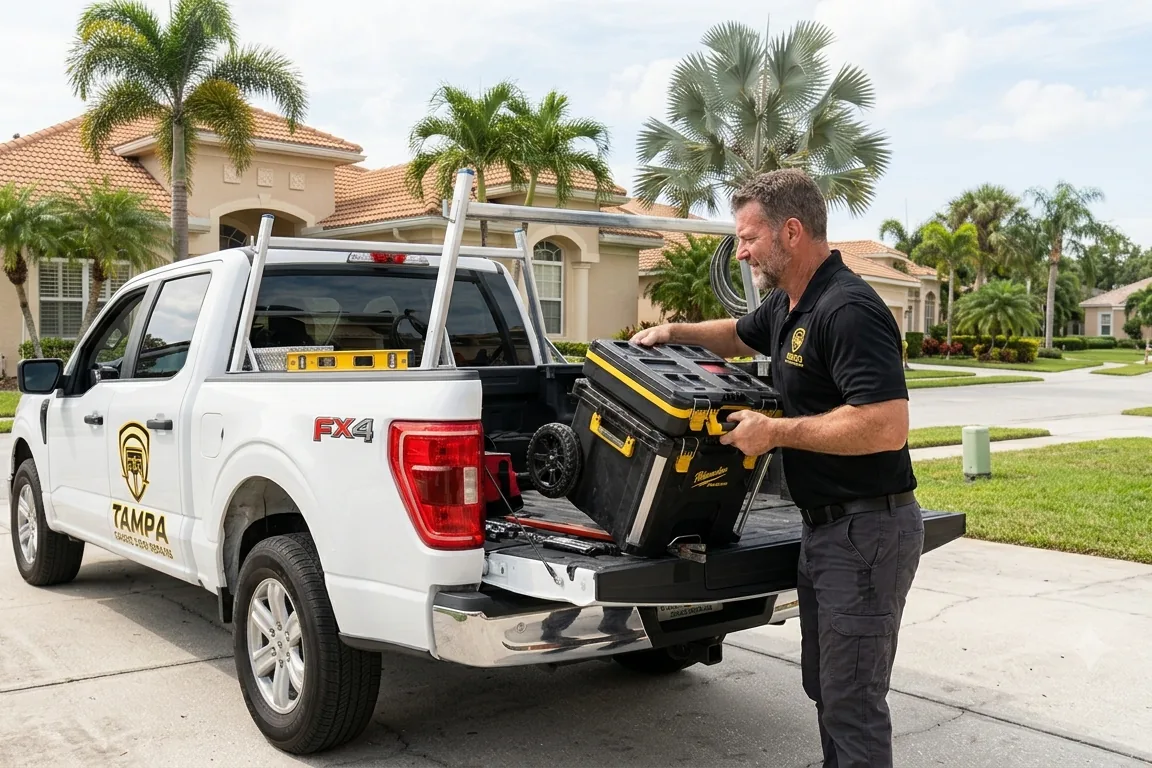Garage door service tools and parts at the truck tailgate
