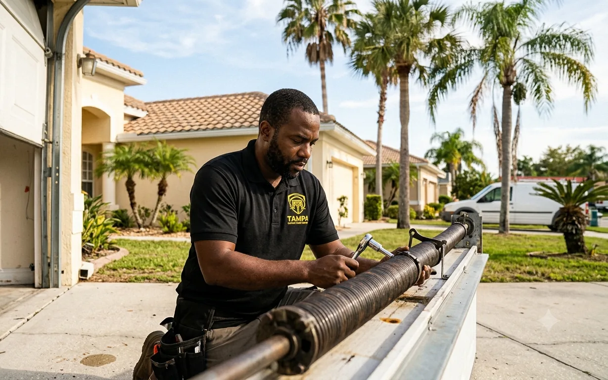 Technician replacing a broken torsion spring on a Brandon garage door