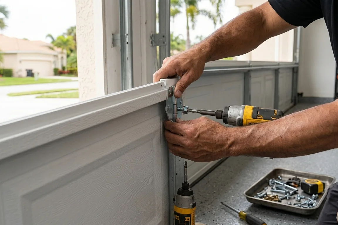 Reinforcement bracing hardware fitted to a garage door section
